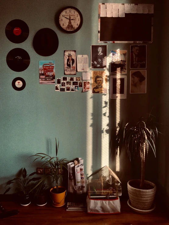 a room that has a bunch of pictures on the wall, an album cover, inspired by Elsa Bleda, trending on pexels, lo fi, lush plant and magical details, retro atmosphere, low quality photo