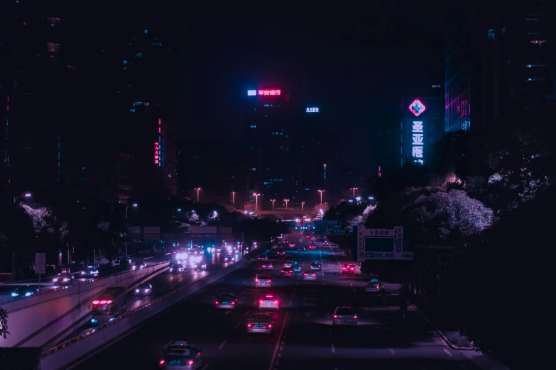 a city street filled with lots of traffic at night, by Beeple, pexels contest winner, shenzhen, extremely gloomy lighting, 🦑 design, cyberpunk signs