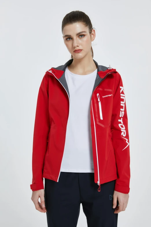 a woman wearing a red jacket and black pants, krypton ion, official product image, logo, red and white