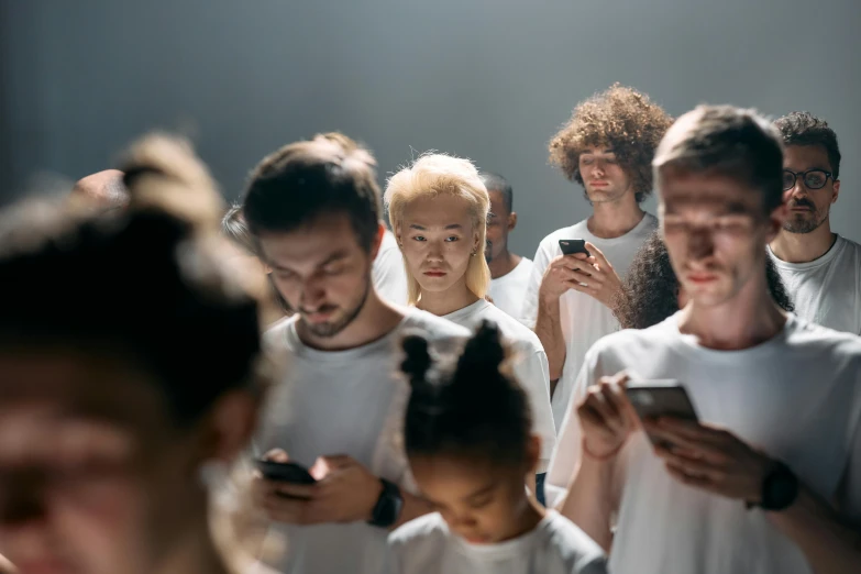 a group of people looking at their cell phones, by Adam Marczyński, trending on pexels, hyperrealism, a very macular woman in white, avatar image, ignant, serious expression