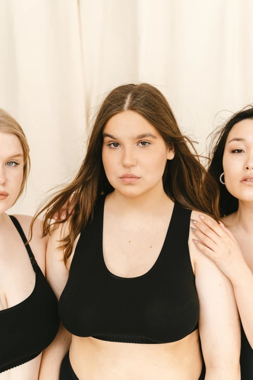 a group of women standing next to each other, trending on pexels, renaissance, huge chin, soft pale golden skin, obese ), brunette