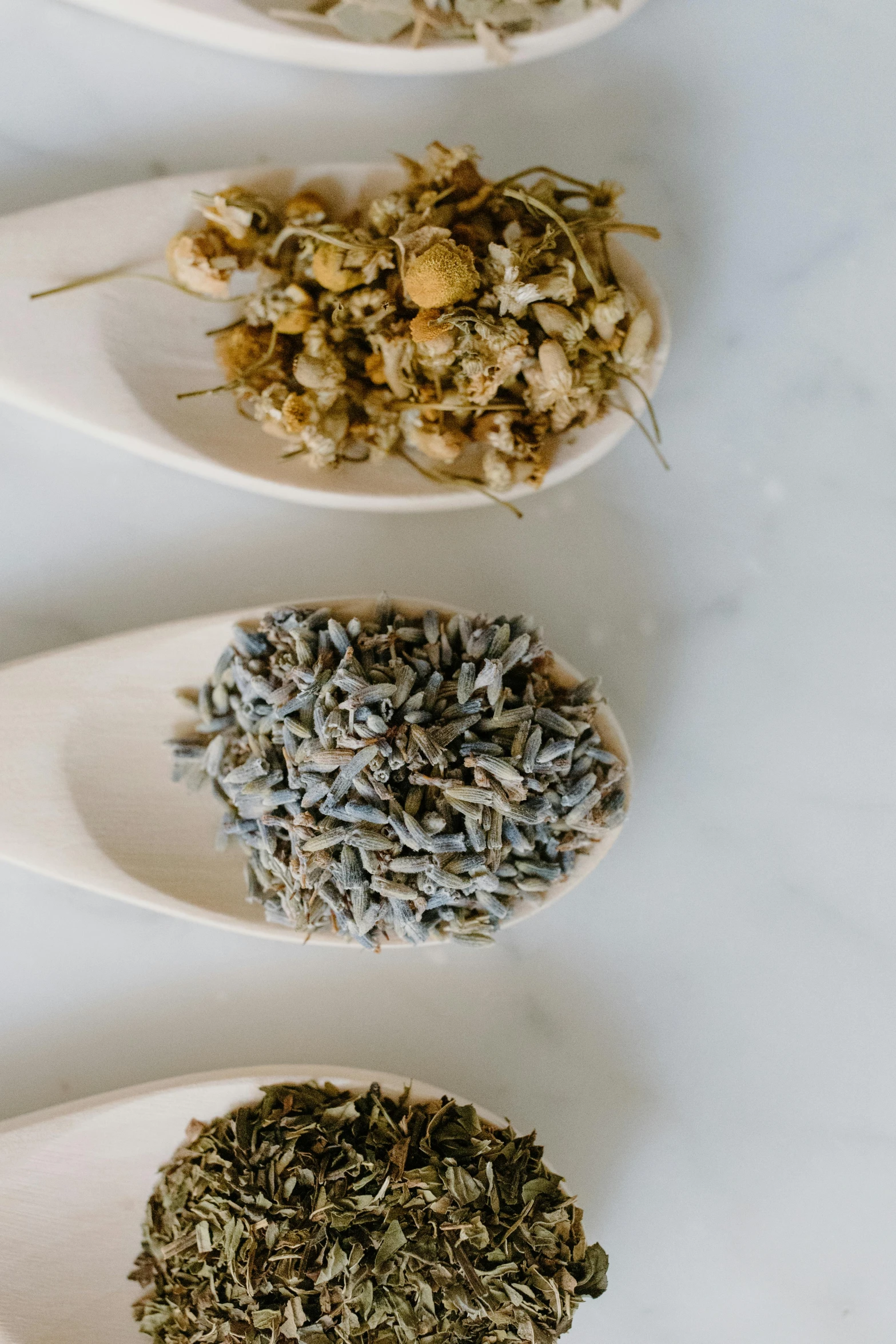 a row of spoons filled with different types of herbs, trending on unsplash, renaissance, dried petals, 3 - piece, light grey blue and golden, body shot