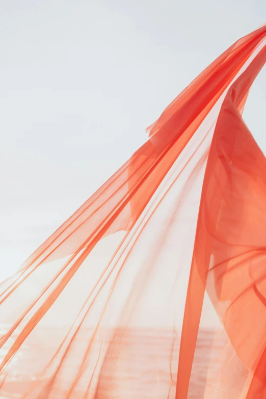 a woman in an orange dress standing on a beach, inspired by Christo, gutai group, translucent wings, detail, porcelain organic tissue, product introduction photo