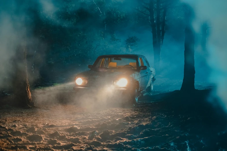 a car that is sitting in the dirt, inspired by Elsa Bleda, pexels contest winner, romanticism, foggy forest at night, still from stranger things movie, cyan headlights, profile image