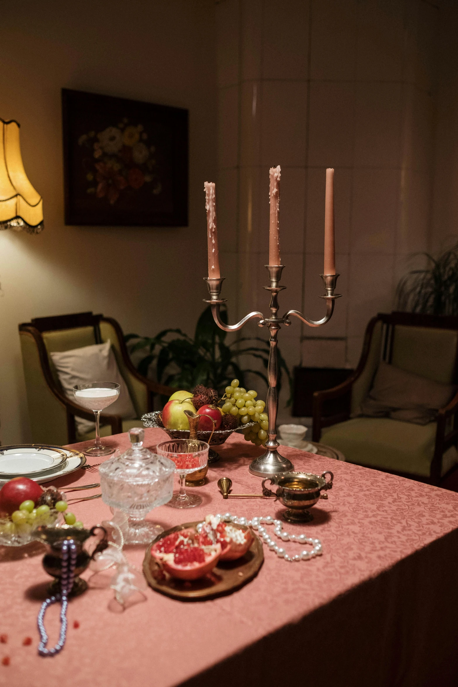 a table that has a bunch of food on it, inspired by Joseph Wright of Derby, hyperrealism, boudoir, soft lighting, pink, parlor
