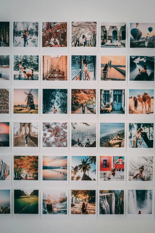 a bunch of pictures hanging on a wall, a polaroid photo, trending on pexels, 256x256, photo mosaic, best ai image, colour corrected