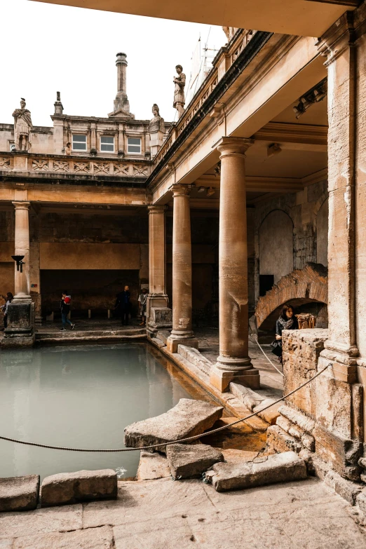 a building with a pool in the middle of it, inspired by Thomas Struth, trending on unsplash, renaissance, roman bath, cauldrons, over the shoulder, tar pit