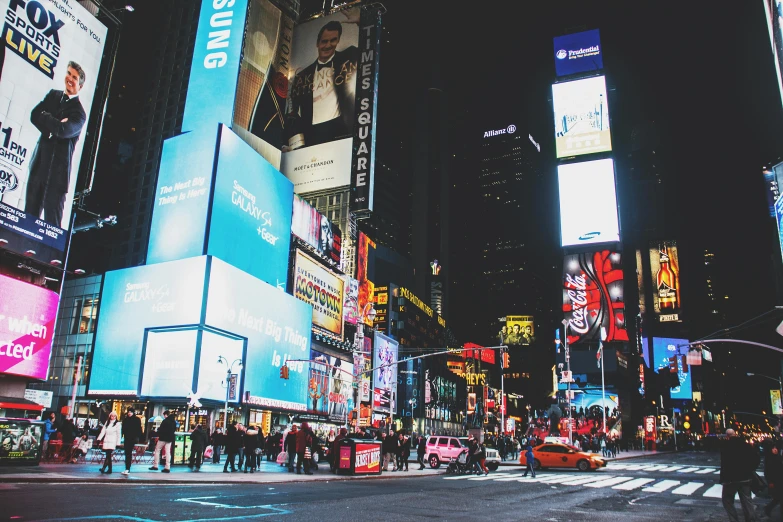 a city street filled with lots of tall buildings, pexels contest winner, neon advertisements, square, thumbnail, nyc