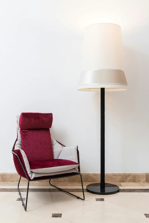 a chair and a lamp in a room, by Will Ellis, soft grey and red natural light, floor lamps, 155 cm tall, full product shot