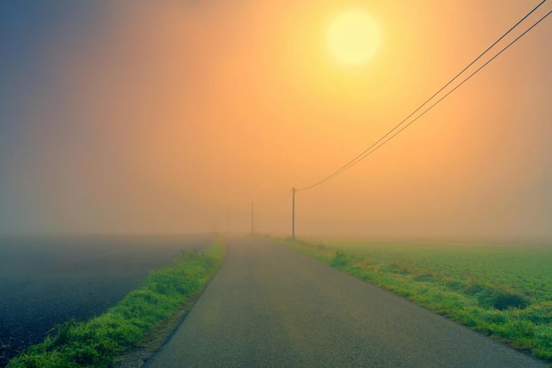 an empty road in the middle of a foggy field, pexels contest winner, romanticism, light orange mist, low sun, light green mist, a yellow sun shining down