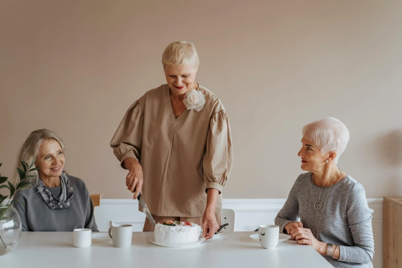 a group of older women sitting around a table, by Emma Andijewska, trending on unsplash, cakes, background image, standing still, grey