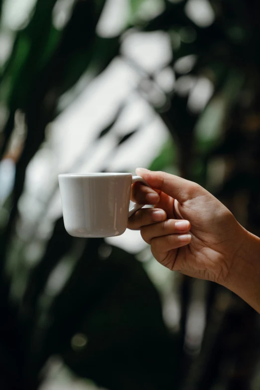 a person holding a coffee cup in their hand, pexels contest winner, lush surroundings, glossy white, porcelain organic, jen atkin