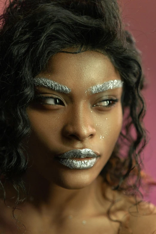 a close up of a woman with glitter on her face, afrofuturism, white eyebrows, silver chrome color, singularity sculpted �ー etsy, model posing