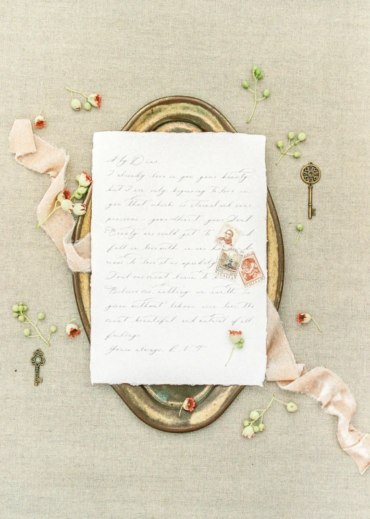 a piece of paper sitting on top of a table, romanticism, curated collection, delicate embellishments, with some hand written letters, on medium grade paper