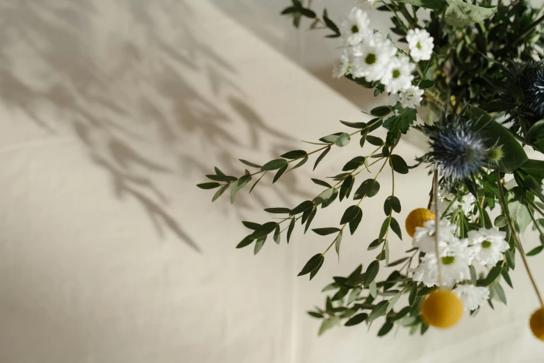 a bouquet of flowers sitting on top of a table, inspired by George Jamesone, light and space, herbs hanging, detail shot, shadow play, white and yellow scheme