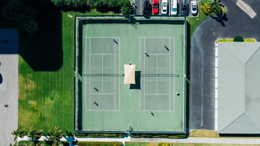 an aerial view of a tennis court and parking lot, by Carey Morris, unsplash contest winner, renaissance, kicking a florida mansion, 15081959 21121991 01012000 4k, rectangle, panels