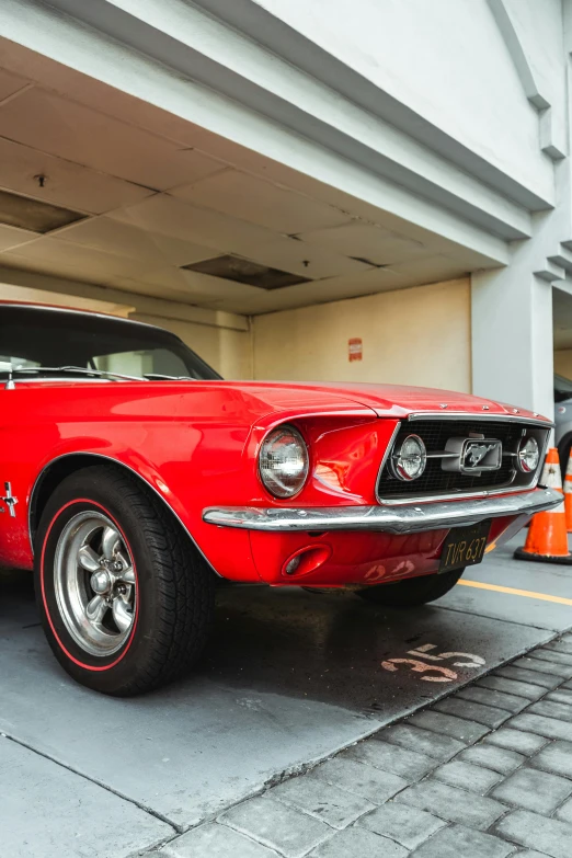 a red mustang parked in a parking garage, pexels contest winner, old school fpr, impressive detail : 7, 15081959 21121991 01012000 4k, museum quality photo