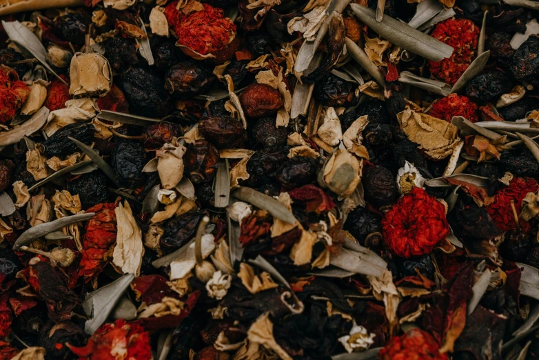 a pile of dried berries sitting on top of a table, by Emma Andijewska, pexels contest winner, renaissance, background image, herbs and flowers, red and black robotic parts, thumbnail