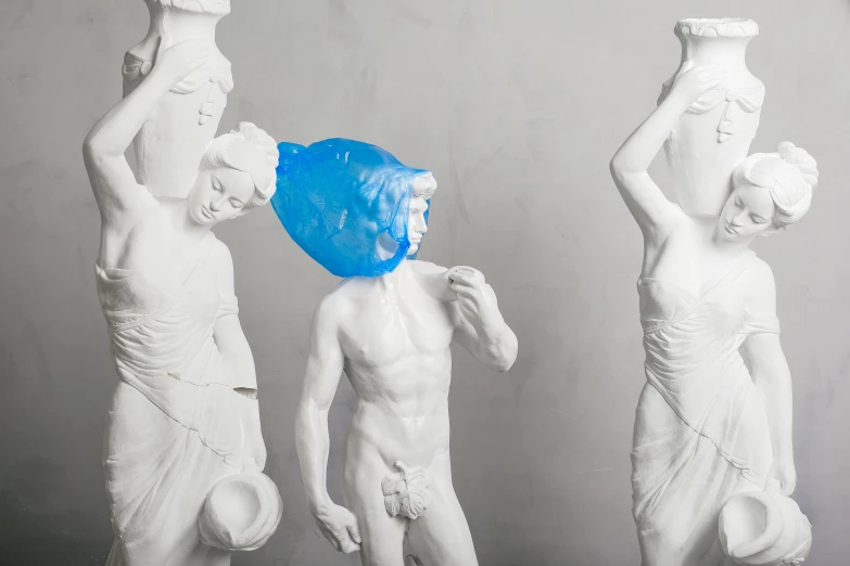 a group of statues with a blue balloon in the middle of them, a marble sculpture, inspired by Yue Minjun, pexels contest winner, mannerism, neon blue glass forehead, showstudio, jacques louis david style, 2 0 1 1