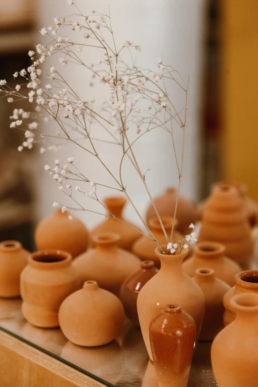 a bunch of vases sitting on top of a table, by Jessie Algie, trending on unsplash, ocher details, clay model, gypsophila, moroccan