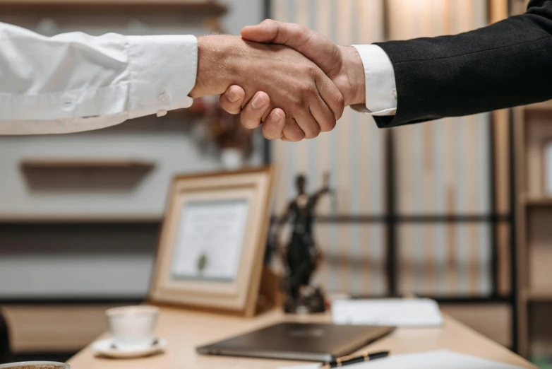 a close up of two people shaking hands, pexels contest winner, lawyer clothing, center focus on table, advertising photo, brown