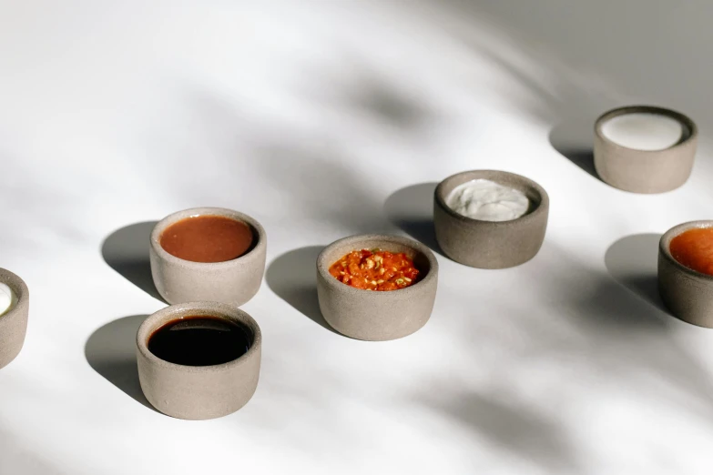 a group of cups sitting on top of a table, inspired by Ceferí Olivé, minimalism, holding hot sauce, humus, smooth concrete, chocolate