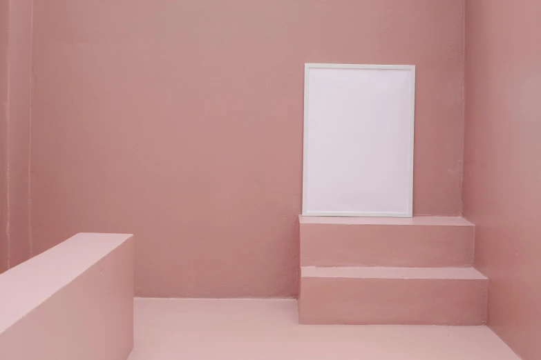 a pink room with stairs and a mirror, a minimalist painting, inspired by Rachel Whiteread, trending on unsplash, postminimalism, whiteboards, tonal colors outdoor, porcelain skin ”