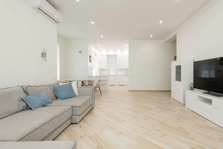 a living room filled with furniture and a flat screen tv, a picture, by Adam Marczyński, pexels contest winner, light and space, angular dynamic white rock floor, oiled hardwood floors, white and pale blue toned, beige