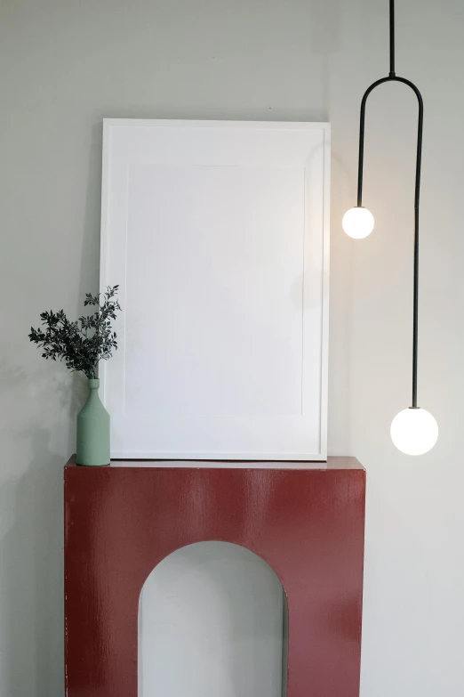 a living room with a fireplace and a picture on the wall, a poster, by Harvey Quaytman, light and space, hanging out with orbs, volumetric lighting. red, with a white background, hanging cables