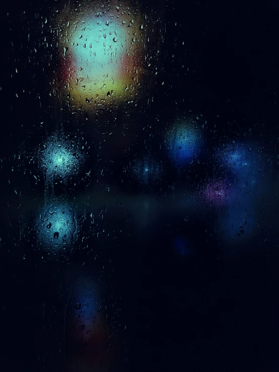 a close up of a window with rain on it, an album cover, inspired by Elsa Bleda, night sky; 8k, abstract, chillhop, screensaver