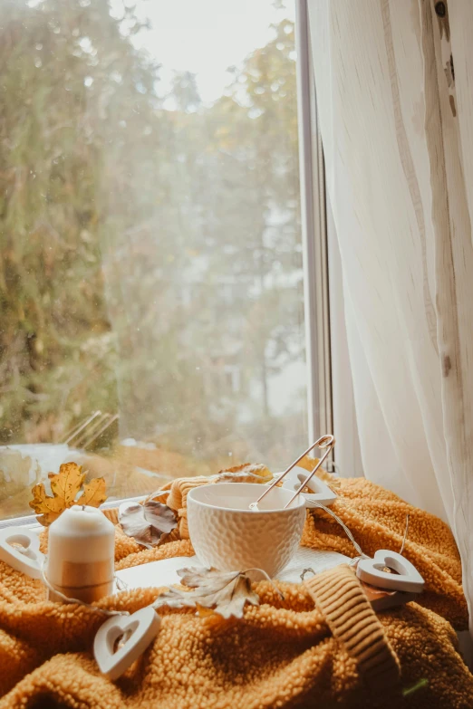 a blanket sitting on top of a window sill next to a cup of coffee, a still life, trending on pexels, bright nordic forest, candy treatments, ocher, soup