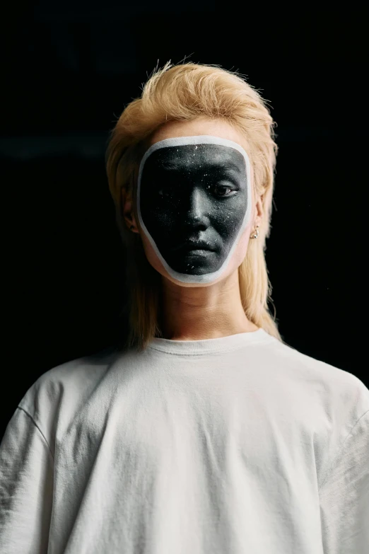 a woman with black paint on her face, an album cover, by Adam Marczyński, trending on pexels, hyperrealism, johan liebert mixed with alucard, oyasumi punpun, the robot wearing her human mask, hong june hyung