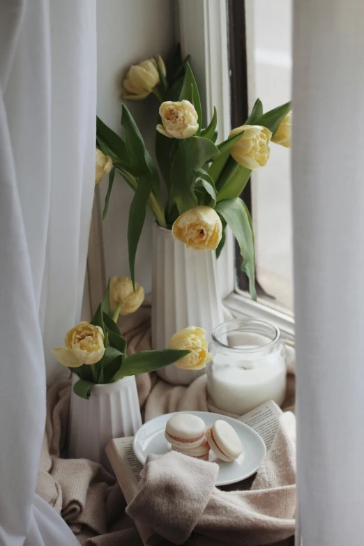 a white vase filled with yellow flowers next to a window, snacks, soft skin, soft - lighting, off - white collection