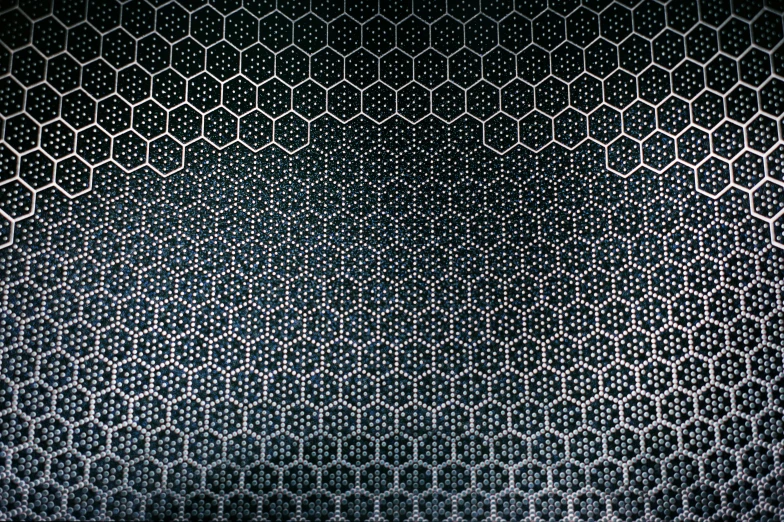 a black and white background with a hexagonal pattern, by Hiromitsu Takahashi, micro-details, metal lace, black and teal paper, gradient black to silver