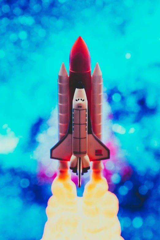 a space shuttle taking off into the sky, an album cover, pexels contest winner, colorful redshift render, tiny spaceship!!, medium close shot, rocket launchers