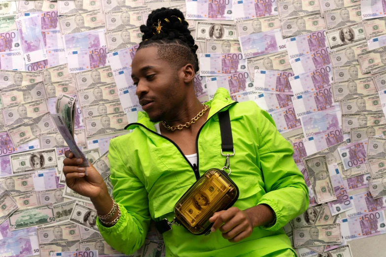 a woman standing in front of a wall of money, an album cover, trending on pexels, playboi carti, looking at his phone, a brightly coloured, egor letov