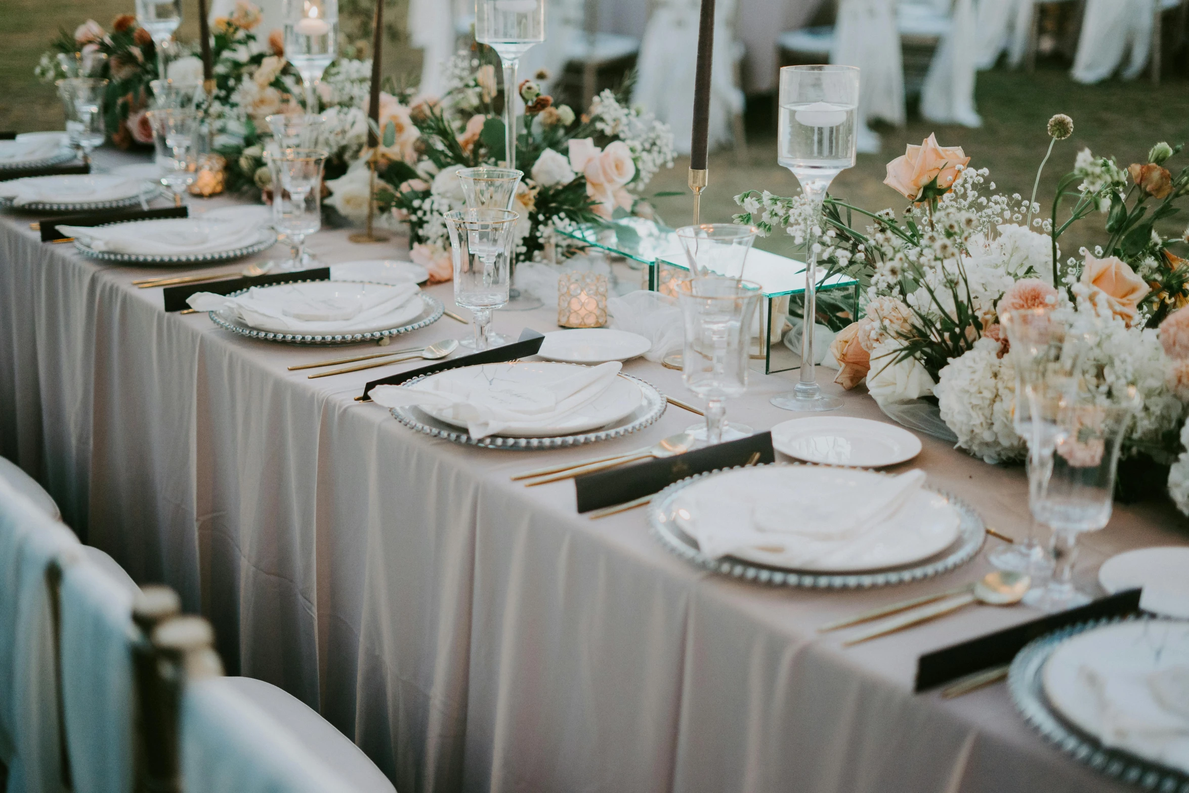 a table that has a bunch of plates on it, pexels contest winner, luxurious wedding, panels, grey, commercially ready