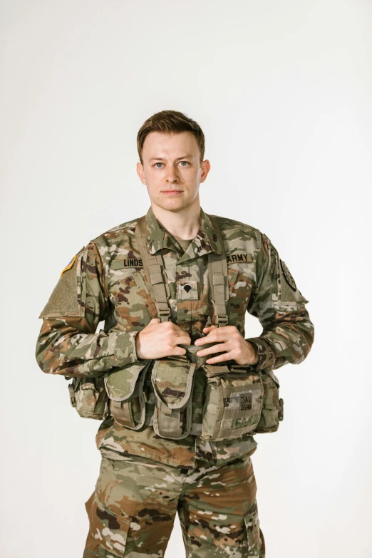 a man in a military uniform posing for a picture, by Adam Marczyński, reddit, technical vest, set against a white background, linus from linustechtips, multicam uniform