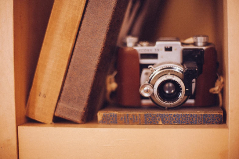 a camera sitting on top of a book shelf, a picture, vintage colours, lovingly looking at camera, medium close shot, dusty library