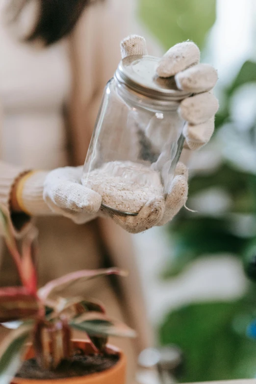 a woman holding a jar filled with dirt next to a potted plant, by Julia Pishtar, unsplash, covered in white flour, glitter, sustainable materials, close up details