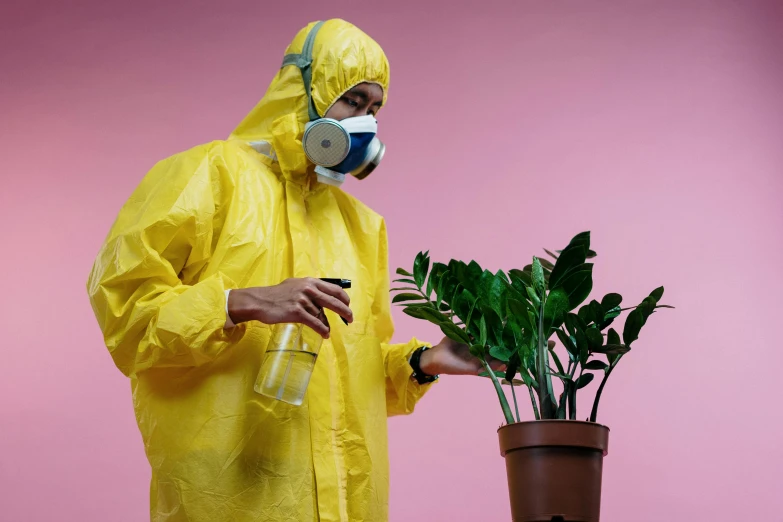 a man in a yellow raincoat standing next to a potted plant, pexels contest winner, plasticien, staff wearing hazmat suits, pink, house plants, black mold