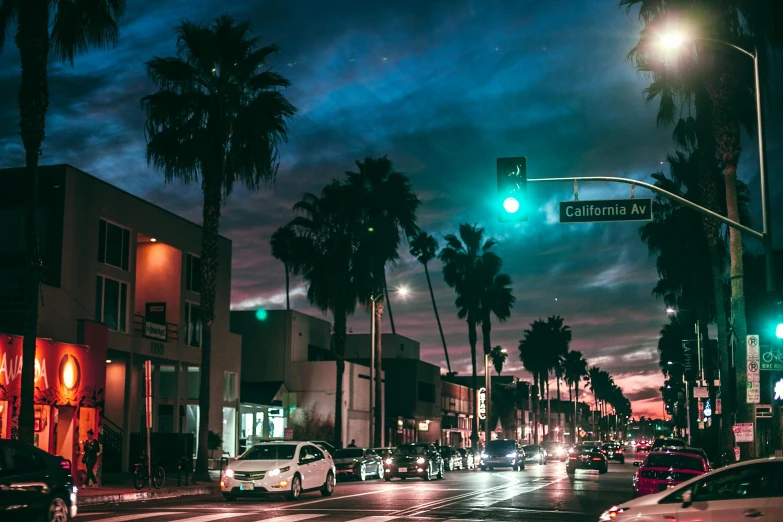 a street filled with lots of traffic next to tall palm trees, by Ryan Pancoast, unsplash contest winner, warm street lights store front, 💋 💄 👠 👗, oceanside, profile image