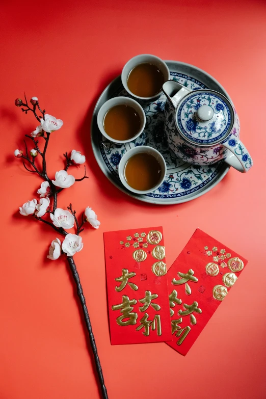 a tea pot sitting on top of a red table, a still life, inspired by Cui Bai, trending on unsplash, dau-al-set, festive atmosphere, thumbnail, cheers, 中 元 节