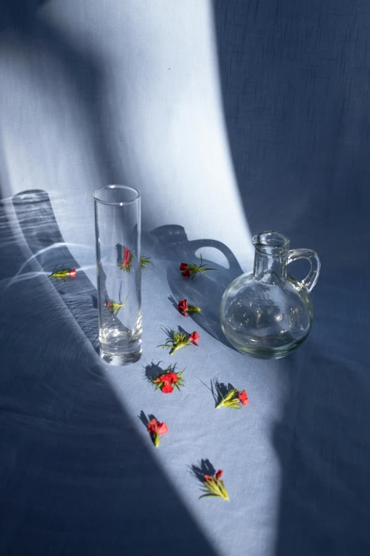 a pitcher sitting on top of a table next to a glass, a still life, by Jan Rustem, unsplash contest winner, shadow play, glass flowers, blue colors with red accents, scattered light