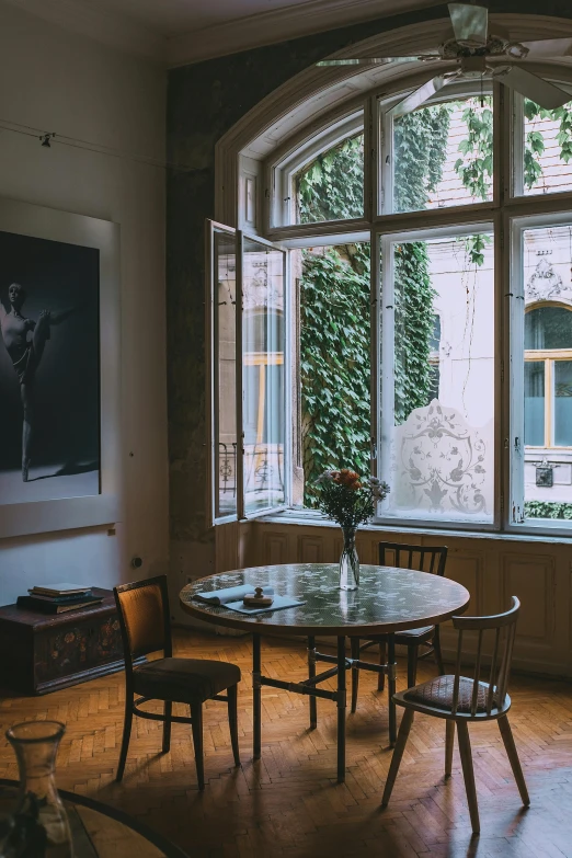 a dining room with a table and chairs in front of a window, by Tobias Stimmer, pexels contest winner, visual art, vines on the walls, vienna secesion style, picture of a loft in morning, andrzej marszalek