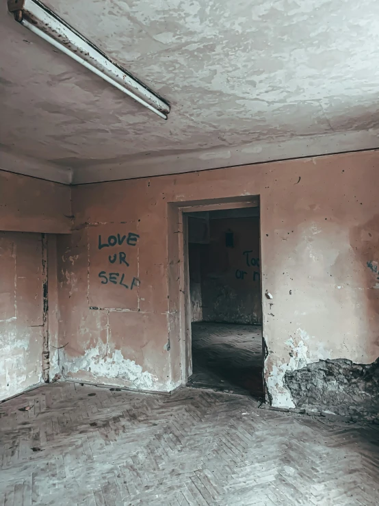 an empty room with graffiti on the walls, an album cover, inspired by Elsa Bleda, lil peep, low quality photo, derelict house, background image