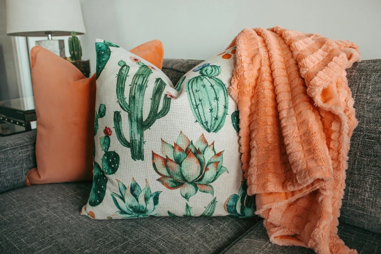 a couple of pillows sitting on top of a couch, by Carey Morris, pexels contest winner, robotic cactus design, green and orange theme, corals, cozy under a blanket