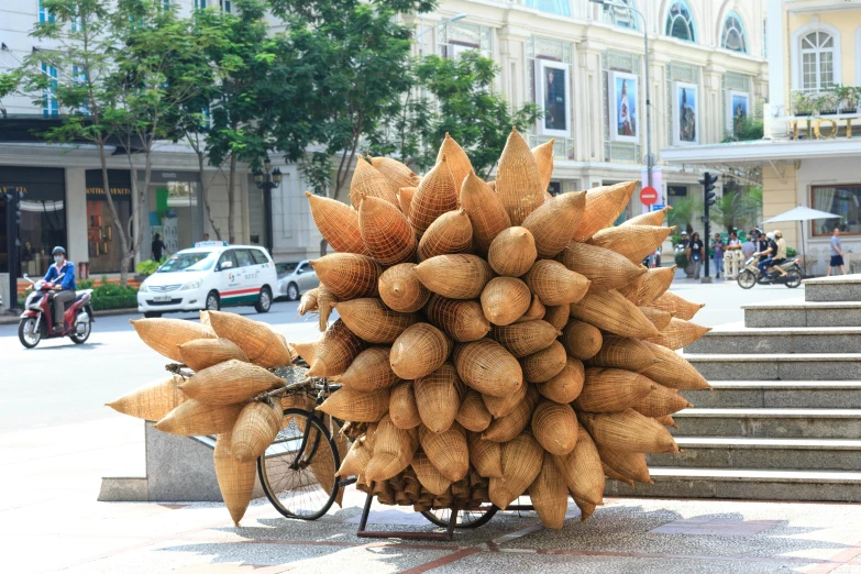 a bicycle with a bunch of coconuts on the back of it, inspired by Ai Weiwei, pexels contest winner, temporary art, square, corn, vietnam, in the city