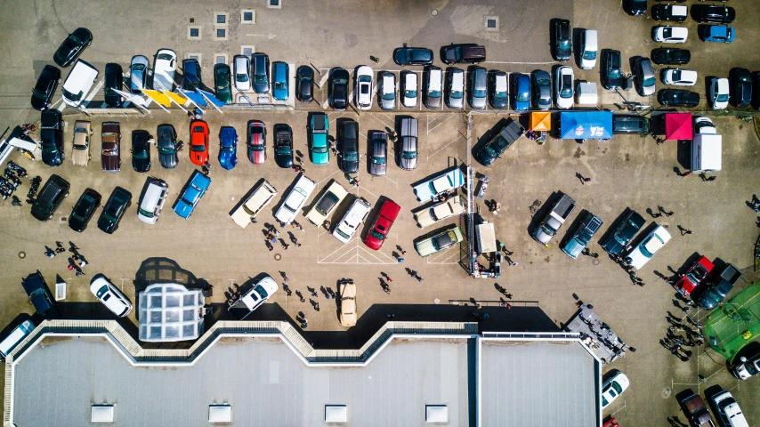 a parking lot filled with lots of parked cars, by Tobias Stimmer, pexels contest winner, square, flat lay, customers, outdoor photo