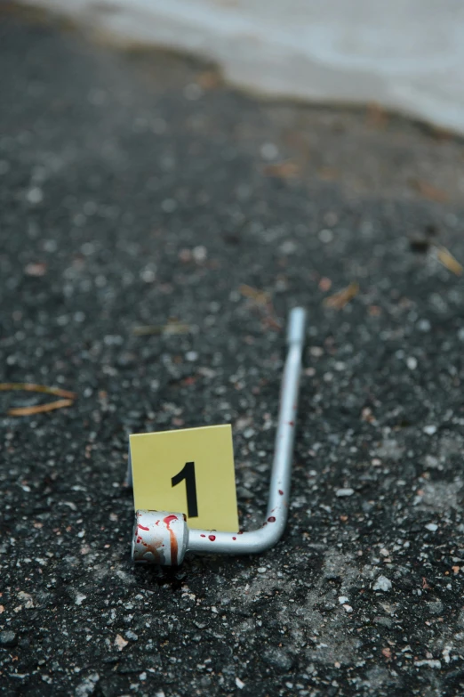 a close up of a street sign on the ground, by Joe Stefanelli, gunshots fired, holding a cane, evidence, screw